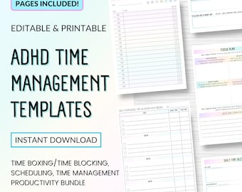 May include: ADHD time management templates with 30 different pages, editable and printable. Includes time boxing, time blocking, and scheduling templates. Available in US Letter, A4, and A5 sizes. Instant download.