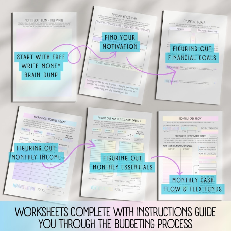 Features ADHD money mindset worksheets such as a financial brain dump and goal-setting pages to help users find their why and clarify money values. Perfect for ADHD adults struggling with executive dysfunction or budgeting overwhelm. These printable and editable tools support mindful financial planning and build better habits with visual, calming layouts tailored to neurodivergent users. Covers essential expenses, non-monthly expenses, and cash flow in a structured, ADHD-friendly way.