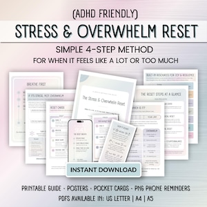 May include: A digital printable guide titled ADHD Friendly Stress & Overwhelm Reset featuring a simple 4-step method. The set includes posters, pocket cards, and phone reminders with text instructions for stress management, available in US Letter, A4, and A5 sizes.