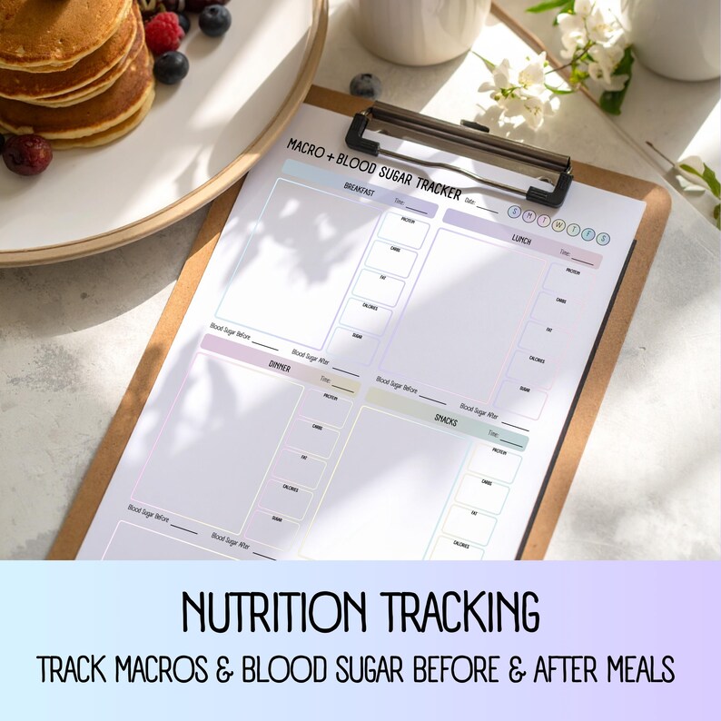 May include: A clipboard holding a nutrition tracking sheet. The sheet is white with sections for breakfast, lunch, dinner, and snacks, with spaces to track macros and blood sugar before and after meals. Text at the bottom reads "NUTRITION TRACKING" and "TRACK MACROS & BLOOD SUGAR BEFORE & AFTER MEALS."