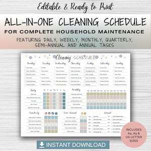 Puede incluir: Lista de verificación de limpieza imprimible con un diseño colorido. La lista incluye tareas de limpieza diarias, semanales, mensuales, trimestrales, semestrales y anuales. La lista está disponible en tamaños A4, A5 y US Letter.