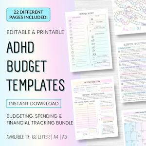 Puede incluir: Un paquete de plantillas de presupuesto para TDAH imprimibles con un diseño azul claro y blanco. Las plantillas incluyen secciones para presupuestos mensuales, flujo de caja y seguimiento financiero. El texto en la imagen incluye "Editable & Printable" y "Instant Download."