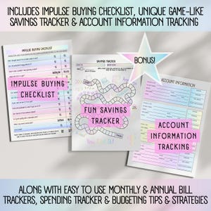Printable financial pages featuring an impulsive buying checklist, annual bill tracker, and subscription tracker. Designed to help users identify spending habits, manage recurring payments, and gain control over their finances effectively. Unique savings tracker game included in the ADHD budget template bundle to help make saving money fun and visually rewarding. Encourages financial progress with colorful milestones designed for neurodivergent brains.