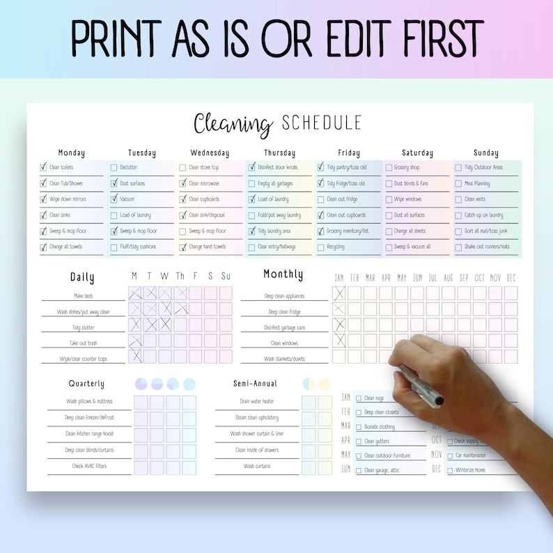 All-In-One Cleaning Schedule Household Maintenance - featuring daily, weekly, monthly, quarterly, semi-annual, & annual tasks, includes A4 A5 US Letter editable and printable PDF -instant digital download, ADHD cleaning checklist, Cleaning Planner, Printable Planner, Home Cleaning, Chore Chart, Daily Cleaning, Weekly Cleaning, Monthly Cleaning Schedule, Printable Planner, Home Cleaning, Chore Chart, Daily Cleaning, Weekly Cleaning, Monthly Cleaning, Household Planner, Cleaning Checklist