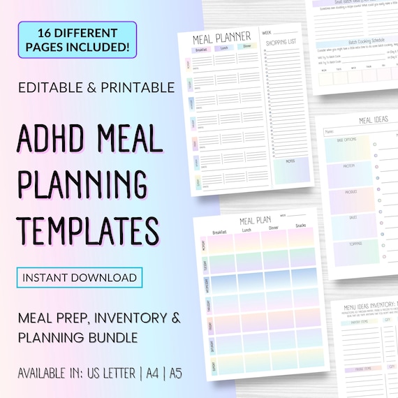 ADHD Meal Planning Templates: Weekly Meal Prep, Kitchen Inventory & Grocery List (Printable Editable PDFs)