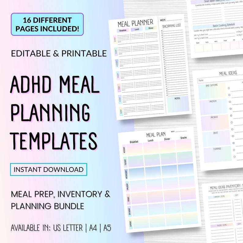 ADHD Meal Planning Templates Instant Download 16 Different Pages Included! Editable & Printable Meal Prep, Inventory & Planning Bundle Available In: Us Letter | A4 | A5. ADHD meal planner, Easy meal planning, Printable meal planner, Editable meal planner, Weekly meal plan, Grocery list, Kitchen Inventory, Meal Prep & Time Savers, Grab & Go Food Lists, Balanced Meals & Snacks, Sensory Friendly Food Preference Brainstorm, Batch Meal Cooking Prep & Planning