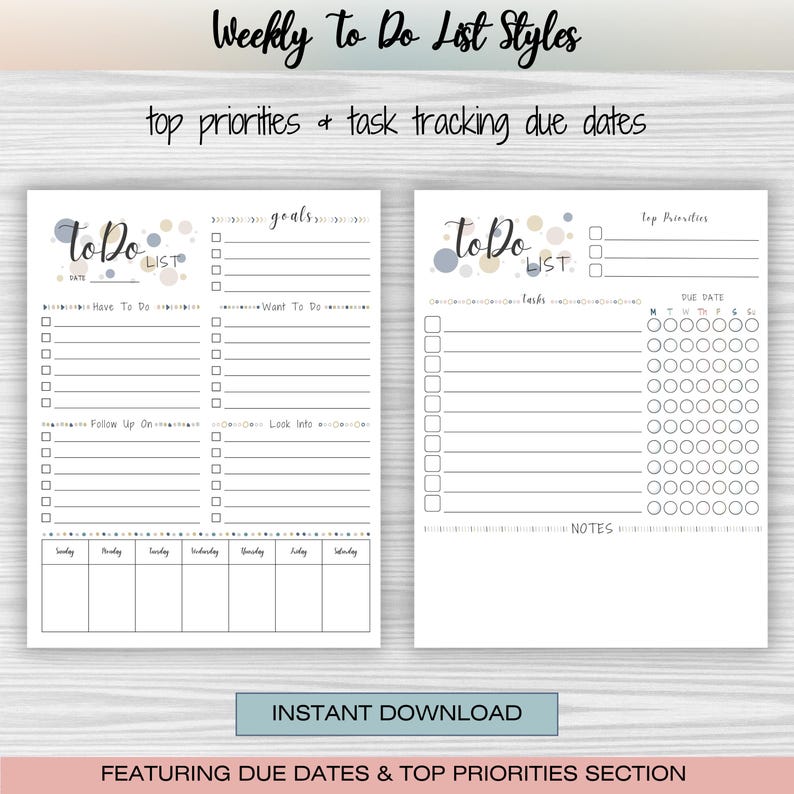 A bundle of 10 diverse to-do list templates, featuring layouts for daily, weekly, and monthly planning, goal setting, and prioritizing tasks. This digital download includes editable and printable PDFs, allowing for flexible organization and customization. Perfect for boosting productivity and staying organized.  Beautiful and fun ADHD to do list, printable, editable, productivity, planner, goals, digital download, instant download.