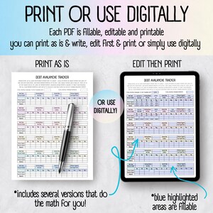 Side-by-side view of digital and printed ADHD budget worksheets showing how the templates can be used on an iPad or printed for a binder. Offers flexibility for ADHD and neurodivergent users who prefer digital planners or physical copies. Great for customizing your money routine with editable budget templates, printable finance organizers, and ADHD-friendly money trackers in US Letter, A4, and A5 sizes. Print physical copies or use fillable PDFs.