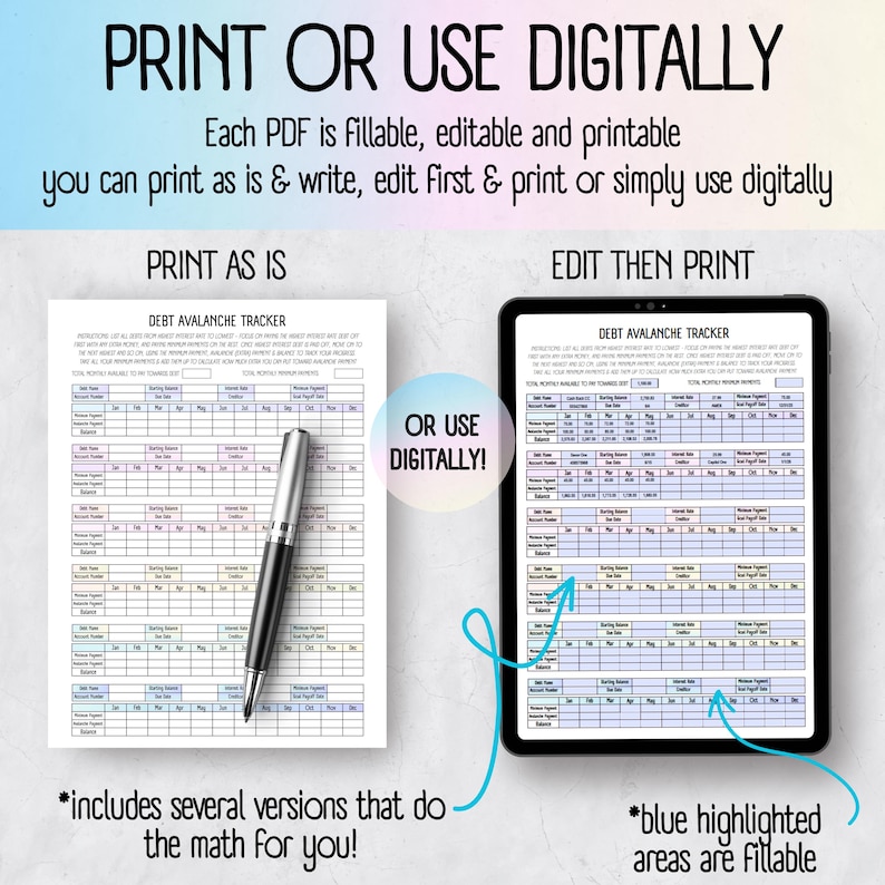 Side-by-side view of digital and printed ADHD budget worksheets showing how the templates can be used on an iPad or printed for a binder. Offers flexibility for ADHD and neurodivergent users who prefer digital planners or physical copies. Great for customizing your money routine with editable budget templates, printable finance organizers, and ADHD-friendly money trackers in US Letter, A4, and A5 sizes. Print physical copies or use fillable PDFs.