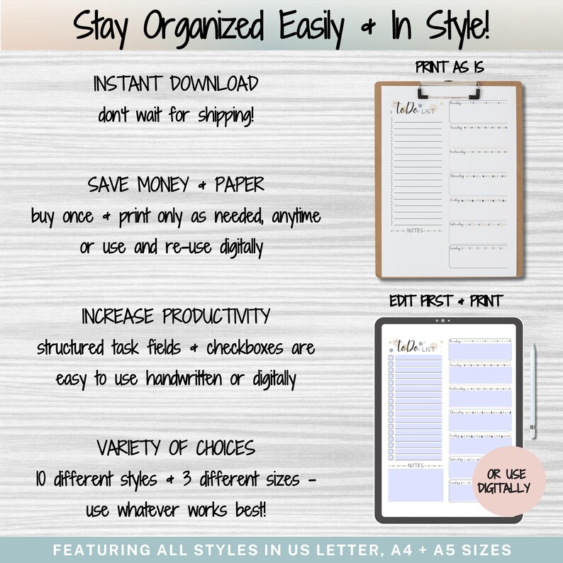 A bundle of 10 diverse to-do list templates, featuring layouts for daily, weekly, and monthly planning, goal setting, and prioritizing tasks. This digital download includes editable and printable PDFs, allowing for flexible organization and customization. Perfect for boosting productivity and staying organized.  Beautiful and fun ADHD to do list, printable, editable, productivity, planner, goals, digital download, instant download.