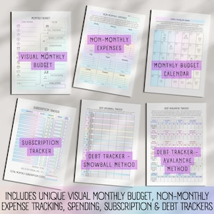 Display of various ADHD money management worksheets included in the editable budget planner bundle. Features pastel-colored templates for tracking debt, income, expenses, savings, and more. Created for ADHD adults, students, and professionals who want printable and fillable financial planning tools to simplify their budgeting process. Available as instant download PDFs in A4, A5, and US Letter paper sizes for detailed financial record-keeping, designed to help organize for easy budgeting.