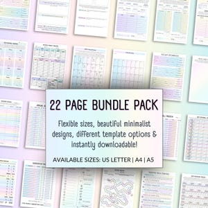 Visual overview of a 22-page ADHD Budget Planner Bundle featuring editable and printable PDF templates for money management, savings, debt, and spending tracking. Includes ADHD financial planning tools such as visual budgeting worksheets, bill calendars, and subscription trackers. Designed for neurodivergent adults seeking structured, supportive financial organization in US Letter, A4, and A5 formats. Includes monthly budget, spending tracker, and financial goals.