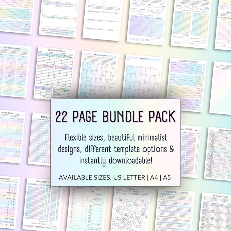 Visual overview of a 22-page ADHD Budget Planner Bundle featuring editable and printable PDF templates for money management, savings, debt, and spending tracking. Includes ADHD financial planning tools such as visual budgeting worksheets, bill calendars, and subscription trackers. Designed for neurodivergent adults seeking structured, supportive financial organization in US Letter, A4, and A5 formats. Includes monthly budget, spending tracker, and financial goals.