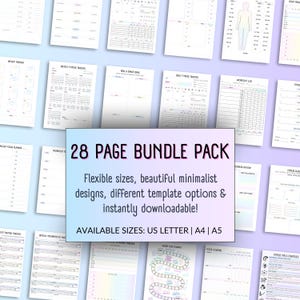 May include: A selection of printable fitness trackers and journals. The image showcases a 28-page bundle pack with templates for weight tracking, workout logs, and meal planning. The text highlights flexible sizes and minimalist designs.