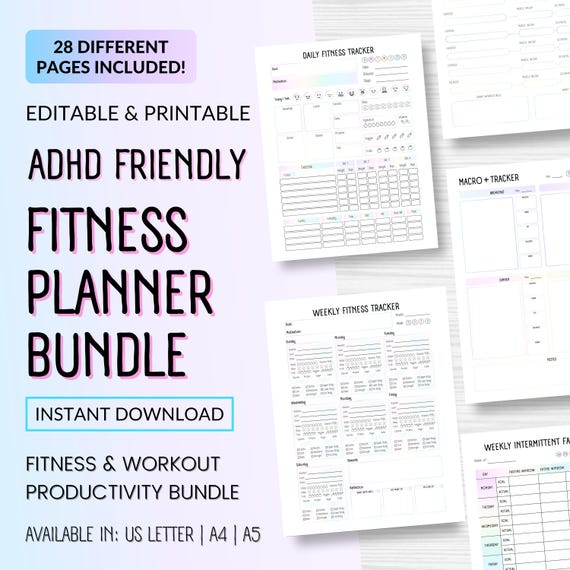 ADHD Friendly Fitness Planner Bundle - Track Workouts, Weight Loss, Nutrition, Intermittent Fasting (Printable & Editable PDF Bundle)
