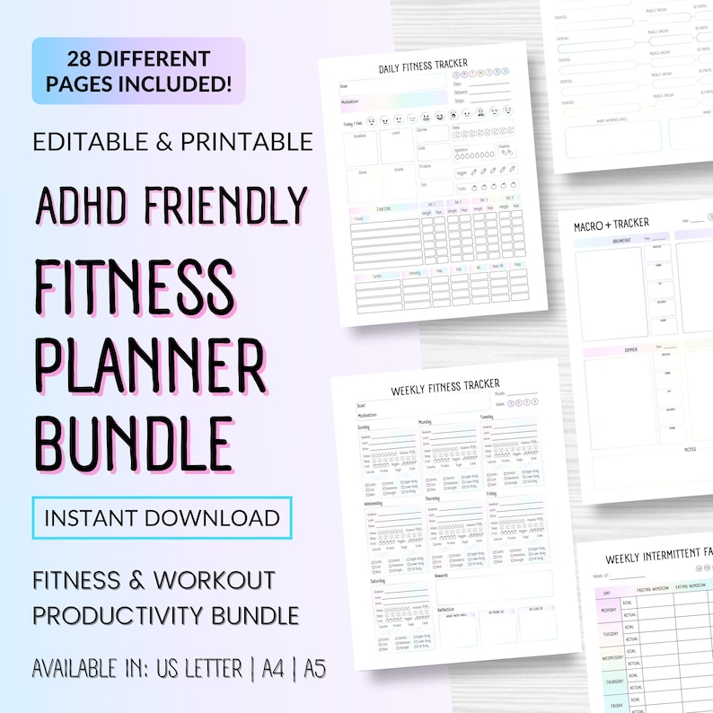 May include: A printable fitness planner bundle with 28 pages, including daily, weekly, and macro trackers. The planner is designed to be ADHD friendly and is available for instant download. Includes A4 and A5 sizes.