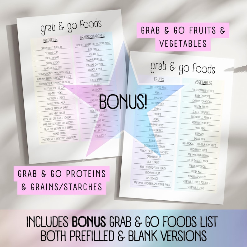 Includes Bonus Grab & Go Foods List Both Prefilled & Blank Versions of Grab & Go Fruits & Vegetables Grab & Go Proteins & Grains/Starches, ADHD meal planner, Neurodivergent meal planning, Easy meal planning, Printable meal planner, Editable meal planner, Weekly meal plan, Grocery list, Kitchen organization, Meal prep, Food inventory, Meal Time Savers, Grab & Go Food Lists, Balanced Meals and Snacks, Sensory Friendly Food Preference Brainstorm, Batch Meal Cooking Prep Planning Schedule