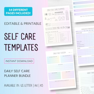 May include: Printable self-care planner templates with 14 different pages. The templates include daily self-care, self-esteem, habit tracker, and medication tracker pages. The pages are designed with a pastel color scheme and feature a variety of prompts and checklists.