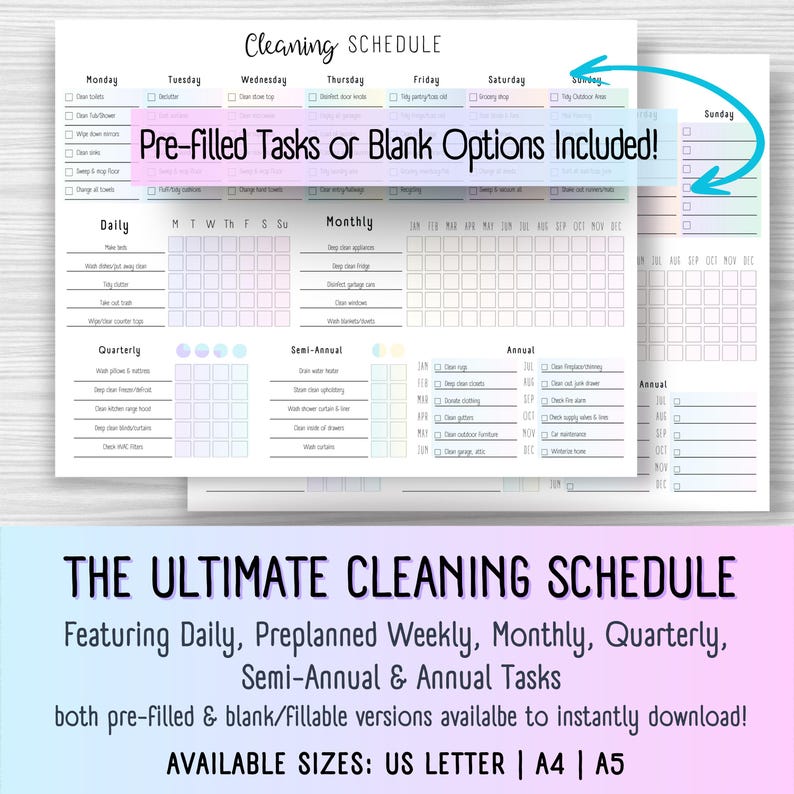 All-In-One Cleaning Schedule Household Maintenance - featuring daily, weekly, monthly, quarterly, semi-annual, & annual tasks, includes A4 A5 US Letter editable and printable PDF -instant digital download, ADHD cleaning checklist, Cleaning Planner, Printable Planner, Home Cleaning, Chore Chart, Daily Cleaning, Weekly Cleaning, Monthly Cleaning Schedule, Printable Planner, Home Cleaning, Chore Chart, Daily Cleaning, Weekly Cleaning, Monthly Cleaning, Household Planner, Cleaning Checklist