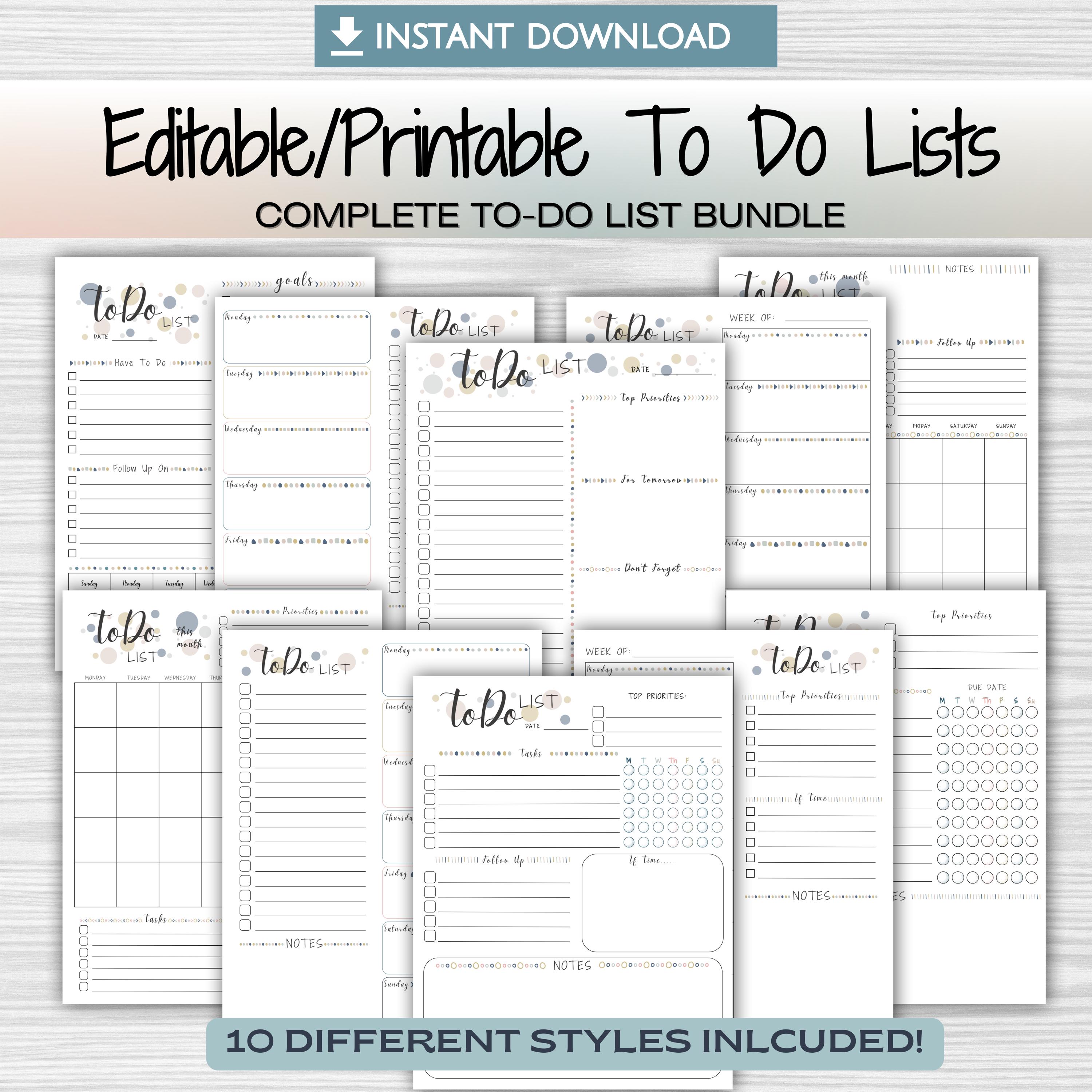 Editable To Do List Bundle, Daily, Weekly, Monthly Planner Printable Productivity Bundle, To Do List Task Tracking in A5, A4, US Letter