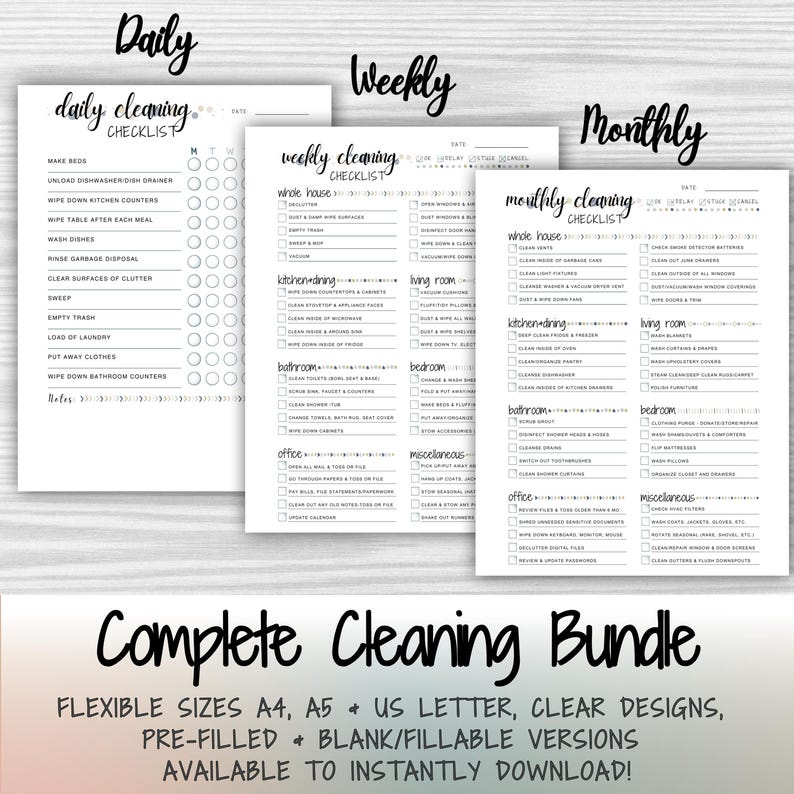 Editable Cleaning Checklist Bundle: Daily, Weekly, Monthly (PDF) - Etsy