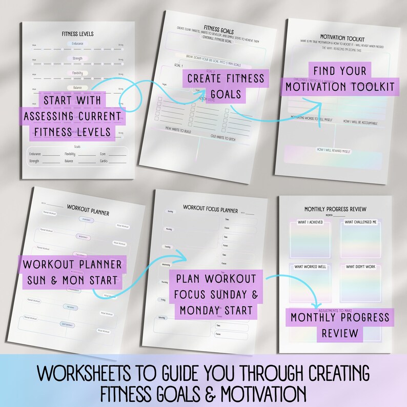 May include: A set of white worksheets designed for fitness planning and motivation, featuring text and diagrams. The worksheets cover areas such as assessing fitness levels, setting goals, and reviewing progress. Text includes "Fitness Goals", "Motivation Toolkit", and "Workout Planner".