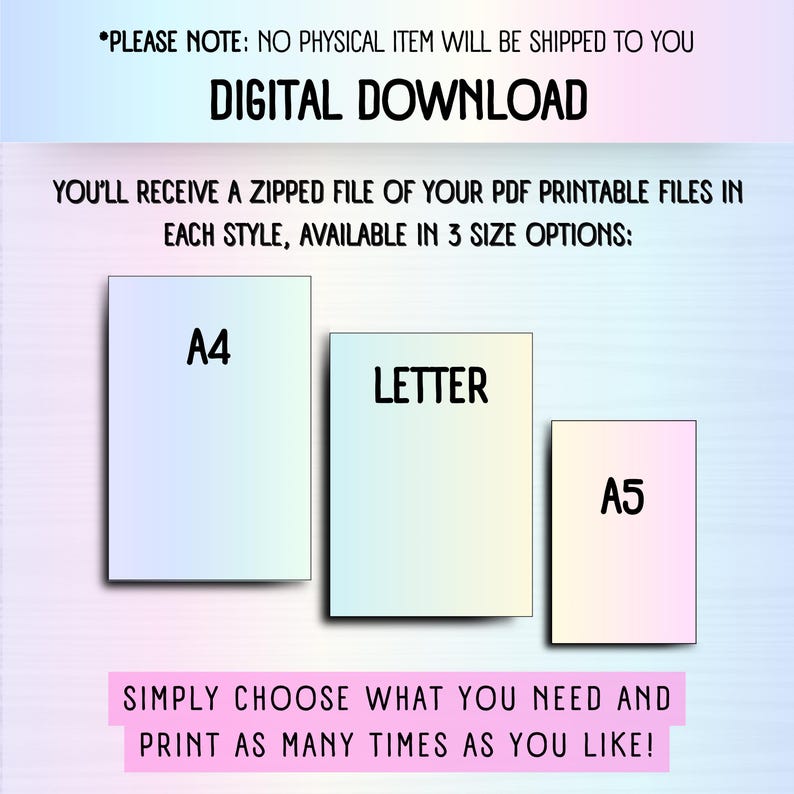 Simply choose WHAT you need and print as many times as you like!
DIGITAL DOWNLOAD *PLEASE NOTE: no physical item will be shipped to you
You’ll receive a zipped file of your pdf printable files in each style, available in 3 size options: A4, US Letter and A5. This thoughtfully designed set of 22 financial planning templates was made with neurodivergent brains in mind — clear, guided layouts with a soothing design to reduce overwhelm and make managing money feel more doable.