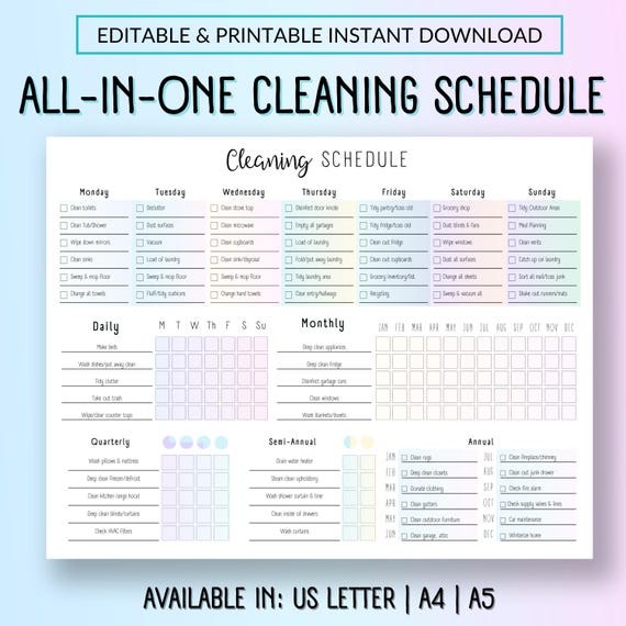 Editable Cleaning Schedule Planner: Weekly, Monthly, Annual (PDF)