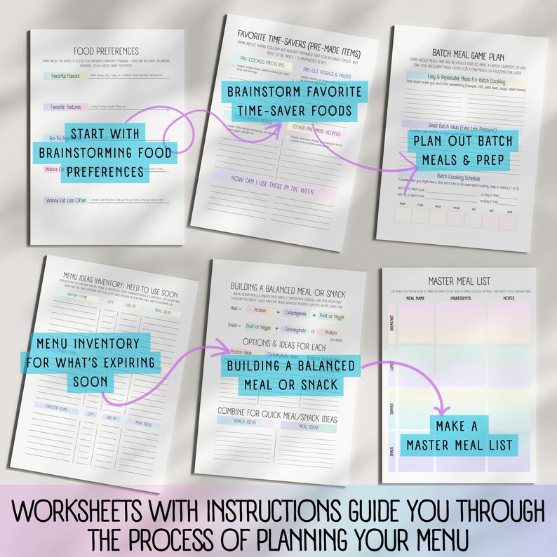 Worksheets With Instructions Guide You Through The Process Of Planning Your Menu, Start With Brainstorming Food Preferences, Brainstorm Favorite Time-Saver Foods, Plan Out Batch Meals & Prep, Menu Inventory, For What’s Expiring Soon, Building A Balanced Meal Or Snack, Make A Master Meal List