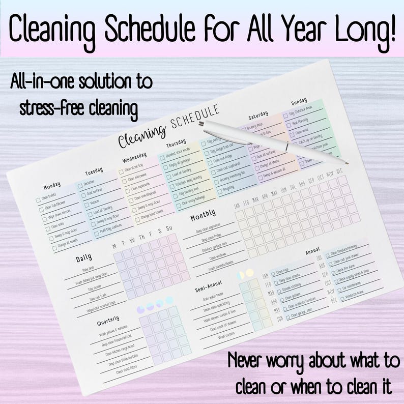 All-In-One Cleaning Schedule Household Maintenance - featuring daily, weekly, monthly, quarterly, semi-annual, & annual tasks, includes A4 A5 US Letter editable and printable PDF -instant digital download, ADHD cleaning checklist, Cleaning Planner, Printable Planner, Home Cleaning, Chore Chart, Daily Cleaning, Weekly Cleaning, Monthly Cleaning Schedule, Printable Planner, Home Cleaning, Chore Chart, Daily Cleaning, Weekly Cleaning, Monthly Cleaning, Household Planner, Cleaning Checklist