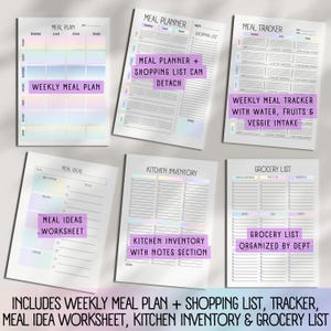 Includes Weekly Meal Plan + Shopping List, Tracker, Meal Idea Worksheet, Kitchen Inventory & Grocery List, Weekly, Meal Plan, Meal Planner Shopping List Can Detach, Weekly Meal Tracker With Water, Fruits & Veggie Intake, Meal Ideas Worksheet, Kitchen Inventory With Notes Section, Grocery List, Organized By Dept, Printable Editable ADHD meal planner, Meal Time Savers, Grab & Go Food Lists, Balanced Meals Snacks, Sensory Friendly Food Preference Brainstorm, Batch Meal Cooking Prep Planning