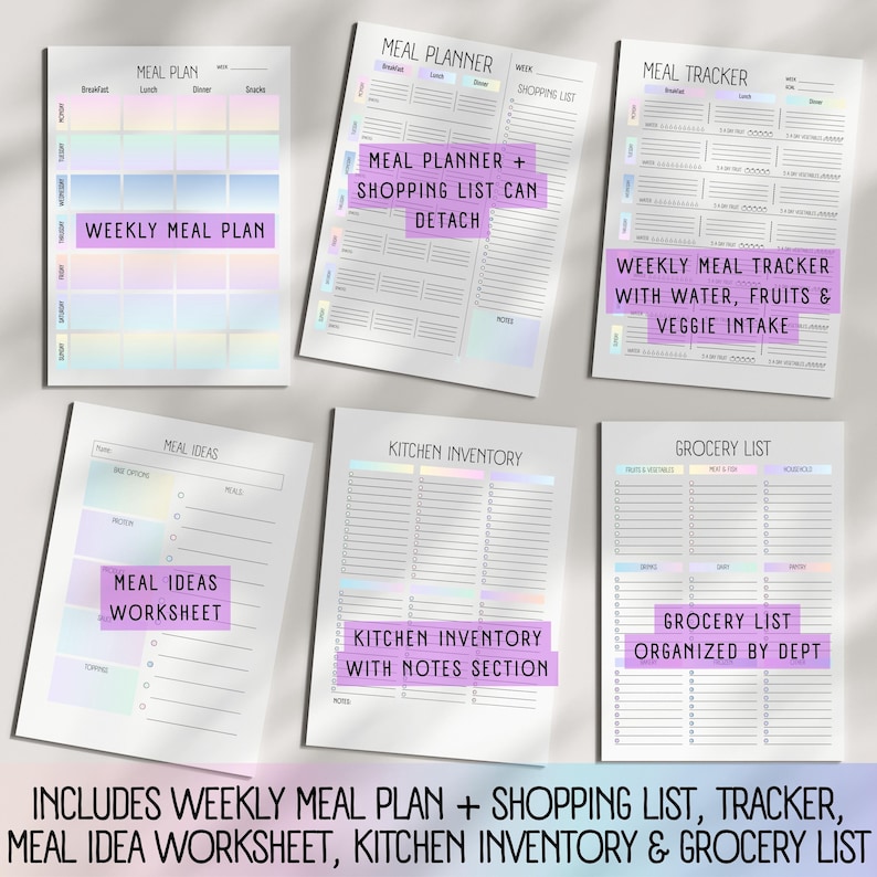 Includes Weekly Meal Plan + Shopping List, Tracker, Meal Idea Worksheet, Kitchen Inventory & Grocery List, Weekly, Meal Plan, Meal Planner Shopping List Can Detach, Weekly Meal Tracker With Water, Fruits & Veggie Intake, Meal Ideas Worksheet, Kitchen Inventory With Notes Section, Grocery List, Organized By Dept, Printable Editable ADHD meal planner, Meal Time Savers, Grab & Go Food Lists, Balanced Meals Snacks, Sensory Friendly Food Preference Brainstorm, Batch Meal Cooking Prep Planning