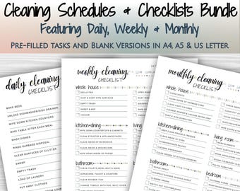 May include: A bundle of printable cleaning schedules and checklists, with daily, weekly, and monthly tasks. The pages are white with black text, offering pre-filled and blank versions in A4, A5, and US Letter sizes.