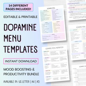 Plantillas de menú de dopamina editables, imprimibles, guiadas, personalizables, herramienta para mejorar el estado de ánimo y la productividad en casos de TDAH. Ideas de menú de dopamina en A5, A4 y carta de EE. UU.