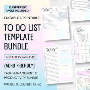 May include: A bundle of printable to-do list templates with a pastel color scheme. The design includes various layouts for task management, including daily, weekly, and monthly planners. Text on the image reads: "To Do List Template Bundle" and "Instant Download".