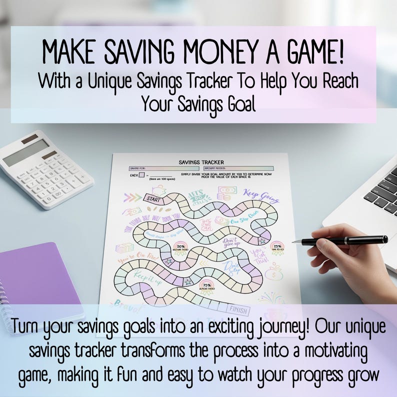 Make Saving Money a Game! With a unique savings tracker to help your reach your savings goal. Features a fun, visual way to track financial goals and stay motivated, gamifying the savings journey for easier engagement. Turn your savings goals into an exciting journey! Our unique savings tracker transforms the process into a motivating game, making it fun and easy to watch your progress grow