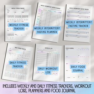 May include: A set of printable fitness and health trackers. Includes weekly and daily fitness trackers, workout logs, intermittent fasting planners, and a food journal. Each sheet has a clean layout with space for notes and goals.