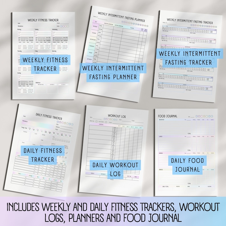May include: A set of printable fitness and health trackers. Includes weekly and daily fitness trackers, workout logs, intermittent fasting planners, and a food journal. Each sheet has a clean layout with space for notes and goals.