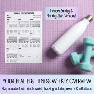 May include: A white water bottle and two light blue dumbbells sit on a purple yoga mat beside a weekly fitness tracker. The tracker has sections for daily goals, water intake, and rewards. Text on the image reads, "Includes Sunday & Monday Start Versions!"