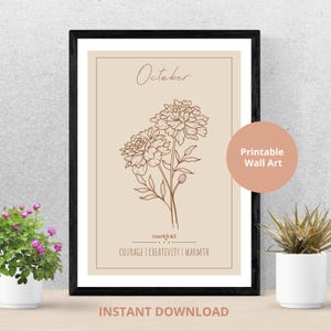 October Birth Month Flower Art - Marigold - Printable Minimalist Botanical Wall Decor Print - Instant Download - Birth Flower Meanings Gift