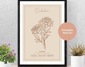 Marigold October Birth Flower Print: Minimalist Botanical Art (Digital Download)