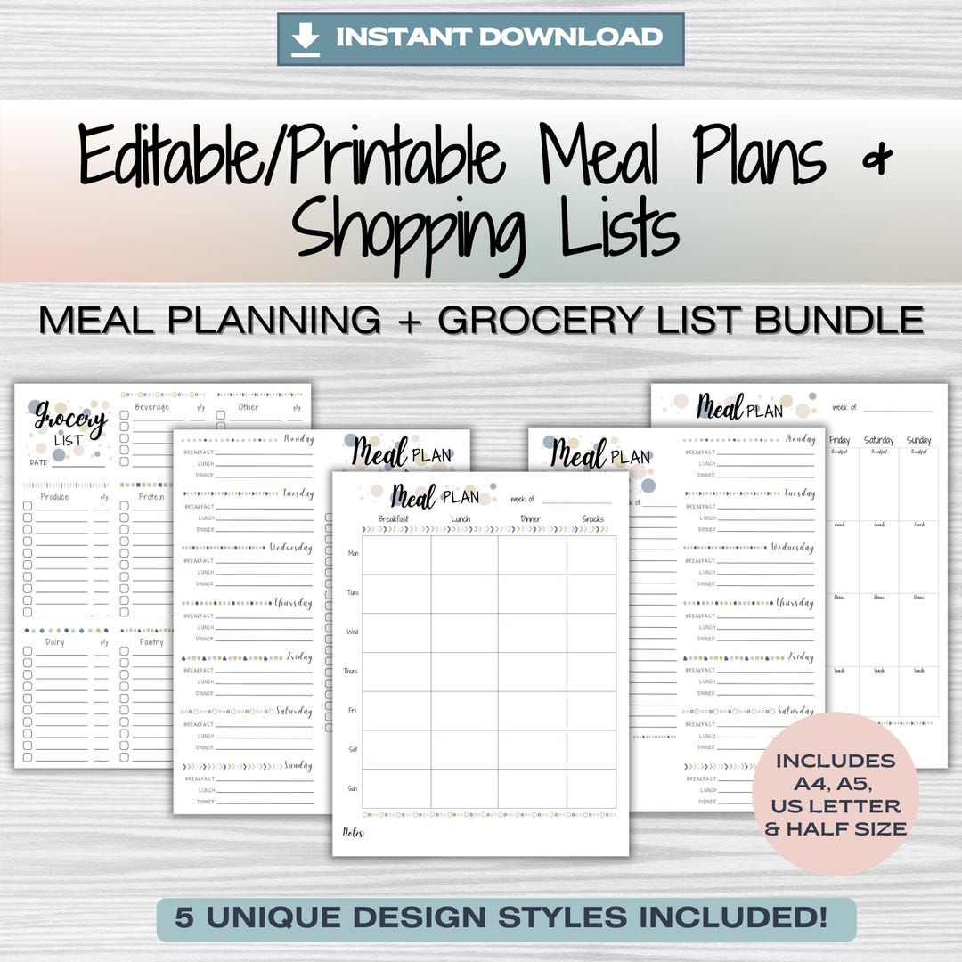 Weekly Meal Planner & Shopping List Bundle (printable PDF) - Etsy
