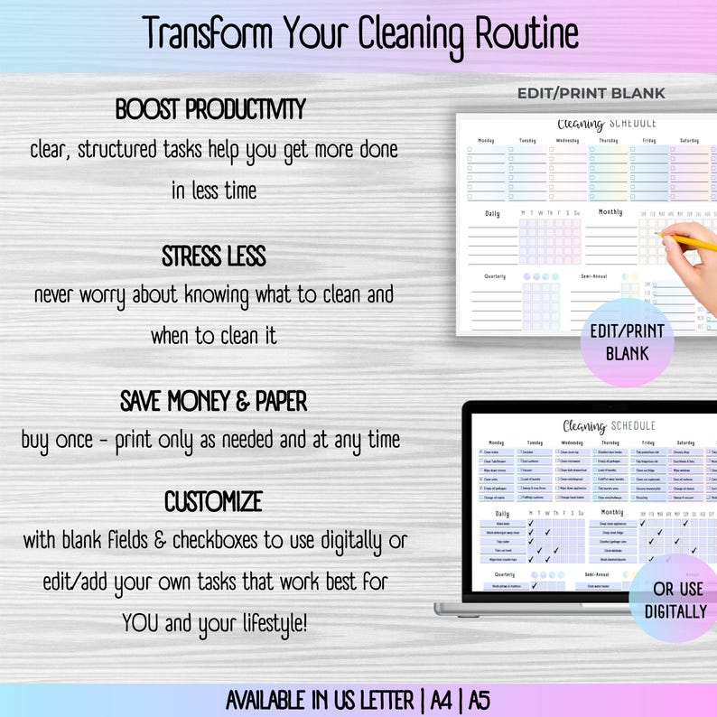 All-In-One Cleaning Schedule Household Maintenance - featuring daily, weekly, monthly, quarterly, semi-annual, & annual tasks, includes A4 A5 US Letter editable and printable PDF -instant digital download, ADHD cleaning checklist, Cleaning Planner, Printable Planner, Home Cleaning, Chore Chart, Daily Cleaning, Weekly Cleaning, Monthly Cleaning Schedule, Printable Planner, Home Cleaning, Chore Chart, Daily Cleaning, Weekly Cleaning, Monthly Cleaning, Household Planner, Cleaning Checklist