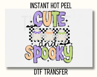 May include: A digital design transfer featuring three ghosts wearing sunglasses with the text "Cute and Spooky" in a colorful, distressed font. The design is perfect for Halloween crafts and apparel.