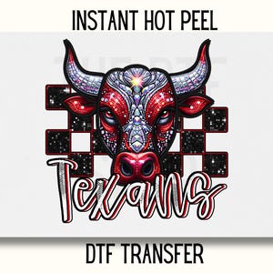 Faux Rhinestone Texans Mascot DTF Transfer, School Mascot DTF Transfer, Texans Spirit wear ready to press transfer, School team DTF transfer