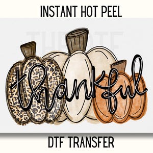 May include: A digital design transfer sheet featuring three pumpkins with the word "Thankful" written in black cursive. The pumpkins are brown, white, and orange with a leopard print pattern on one of the pumpkins.