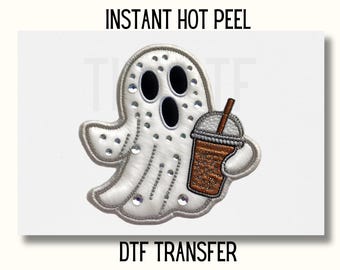 Uv Dtf Sticker Faux Sequin ghost patch DTF, Trendy Halloween Dtf transfer, Halloween girl DTF Transfer Ready to Press, Sparkly Coffee