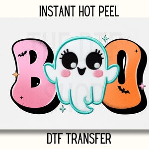 May include: A DTF transfer design featuring the word "BOO" in pink, orange, and teal with a cute ghost in the middle. The design is perfect for Halloween crafts and projects.
