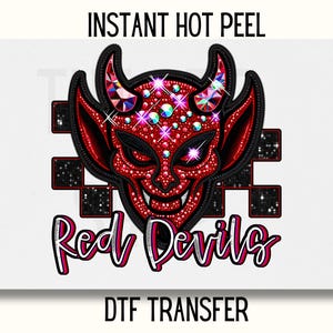Faux Rhinestone Red Devils Mascot DTF Transfer, School Mascot DTF Transfer, Red Devils Spirit wear ready to press transfer, School team DTF