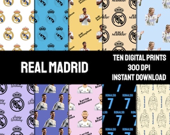 Impresiones digitales del Real Madrid / Paquete de papel de envoltura / Patrón sin costuras / Fútbol / Páginas de álbum de recortes / DESCARGA INSTANTE